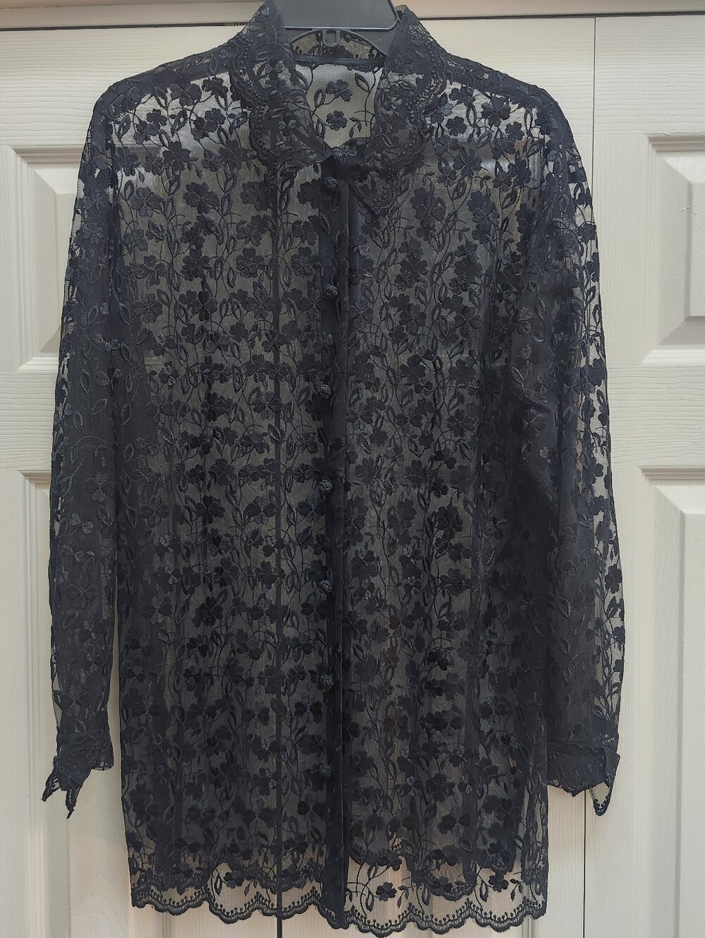 womens Long Black Lace Vintage Open Front Long Sleeve collared Top Blouse sz M/L